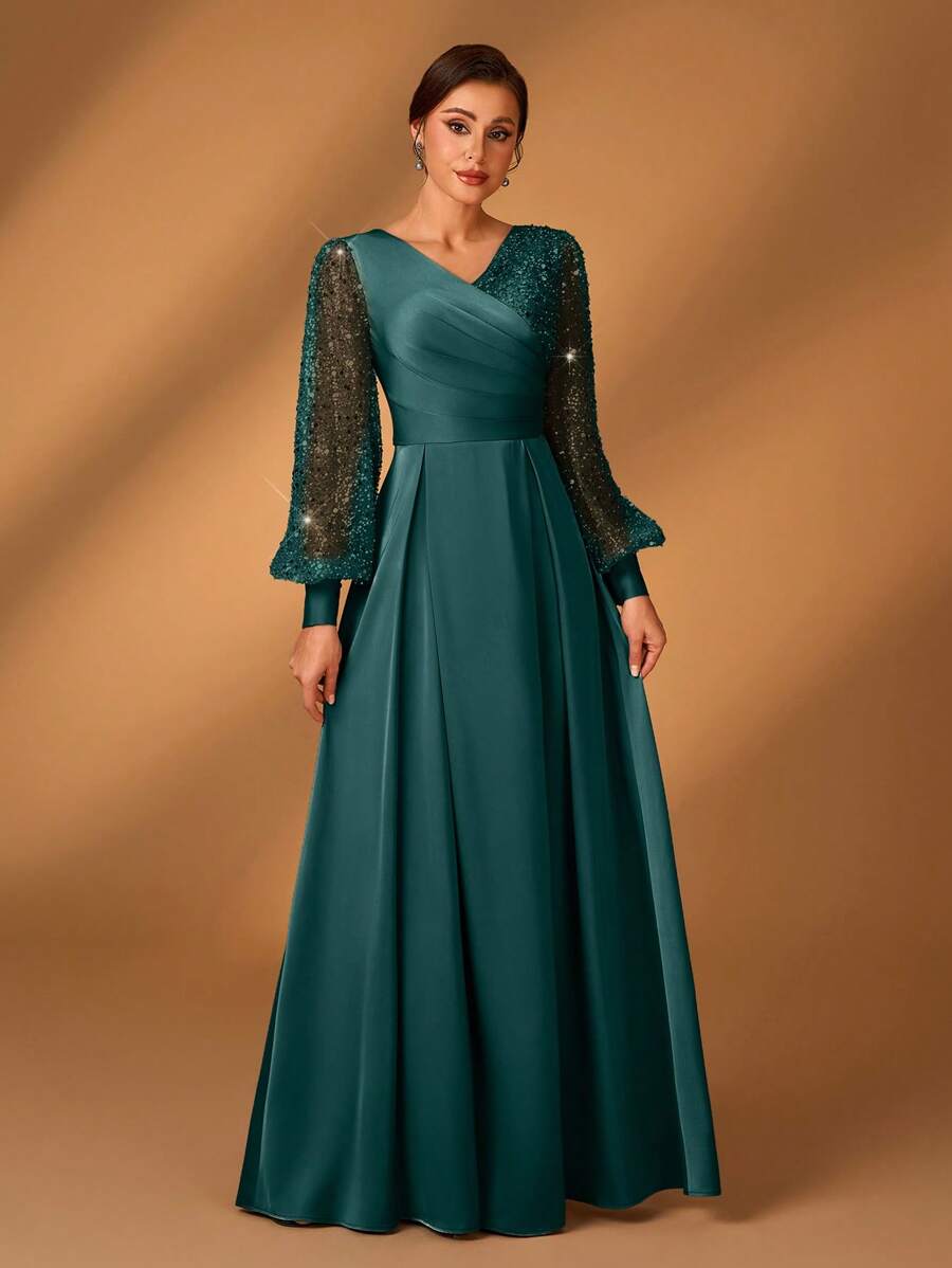 Serin Women's Teal Winter Formal Elegant Bridesmaid Evening Formal Sequins & Satin Patchwork Lantern Sleeve Wrap V Neck Ruched A-Line Hem Dress For Wedding - Dark Green - View 1