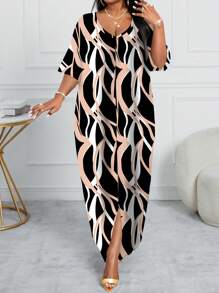 SHEIN Lady 休闲假日风撞色条纹图案加大码V领长袖纯色拼接宽松休闲连衣裙睡袍