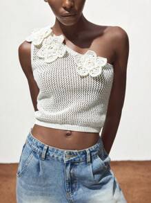 Maija Summer Off-White Elegant Women Handmade Crochet Knitted Tank Top,Handmade Hollow Out Asymmetrical Shoulder Floral Decor Vacation Beach Party Cute Top - White - View 5