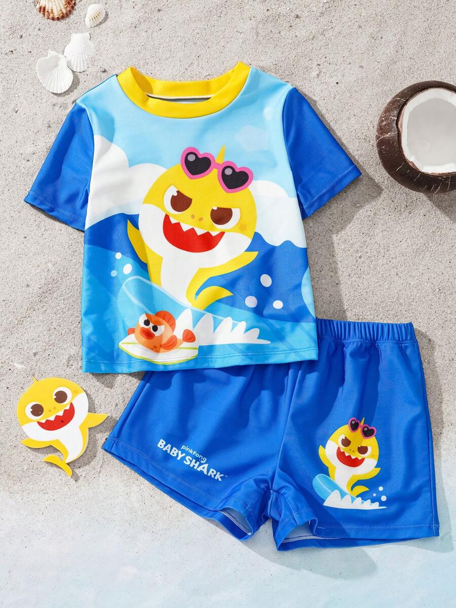 BABY SHARK X SHEIN 男童卡通鲨鱼图案短袖防晒衣和泳裤套装 - 彩色 - 查看 1