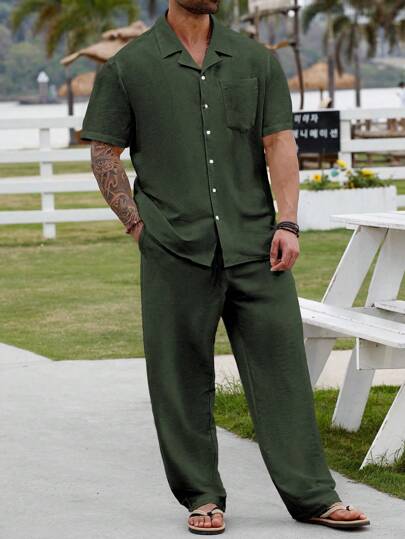 Manfinity RSRT Plus Size Men's Solid Color Short Sleeve Single-Breasted Shirt And Shorts Casual Suit