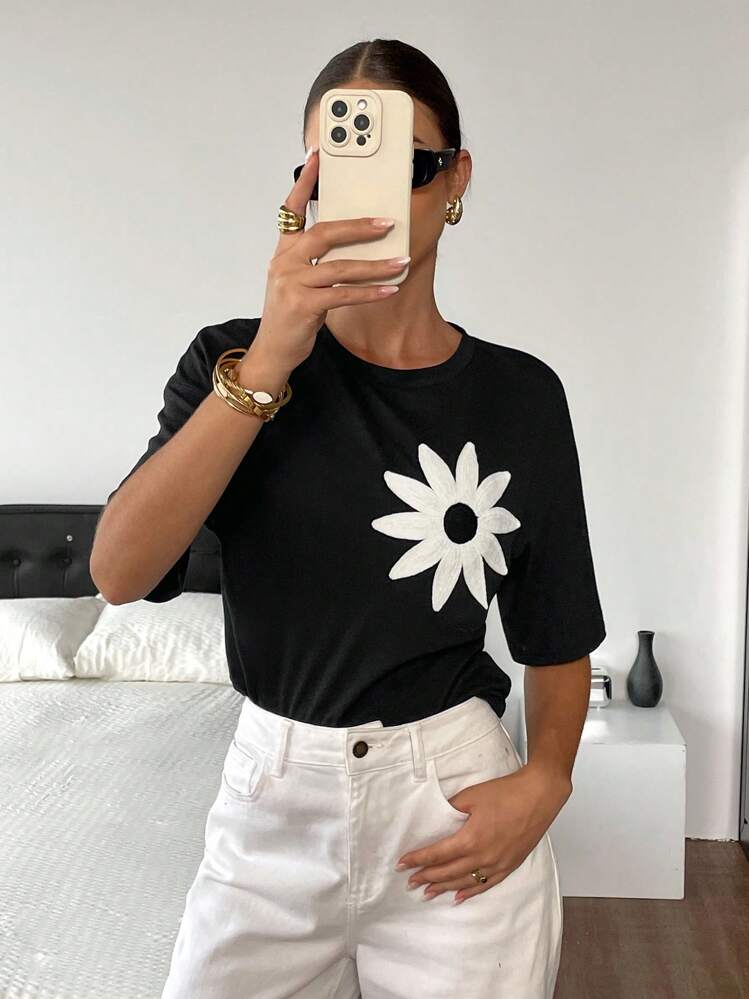 Serisse T-shirt col rond manches courtes pour femme, à la mode pour l'été - Noir - Voir 5