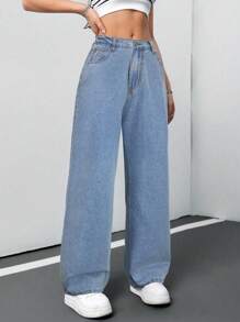 SHEIN Tall 女士牛仔裤休闲宽松直筒裤蓝色高腰女士牛仔裤牛仔裤女士低腰牛仔裤宽松牛仔裤