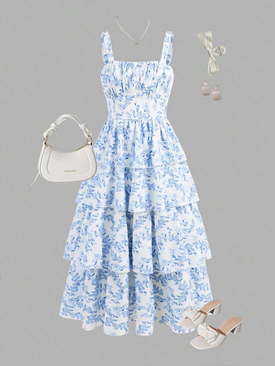 SHEIN Girlism Tween Girls Ditsy Floral Strap Long Dress, Casual Summer Vacation Outfit