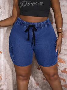 Slaydiva Quần short denim bó sát cạp cao gợi cảm tiện dụng cỡ lớn cho kỳ nghỉ hè phong cách cao bồi miền Tây dành cho phụ nữ công sở thường ngày lễ hội lễ tốt nghiệp tại sân bay ngày của mẹ vui vẻ - Màu xanh lam - Xem 3