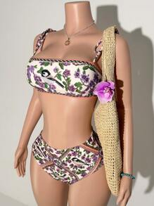 Slaydiva 2 件套 2025 春夏新款邮轮旅行海滩度假阳光花朵印花系带肩比基尼上衣 + 高腰泳衣 - A - 彩色 - 查看 10