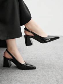 CUCCOO BIZCHIC 时尚黑色漆皮露跟尖头粗跟高跟鞋，经典简约风格，适合通勤、约会、派对、度假、婚礼 - 黑色 - 查看 3