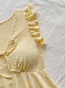 Soleia Women's Vacation Yellow Knitted Textured V-Neck Bowknot Blouse, Casual Wear For Dates, Afternoon Tea, Beach, Cruise, Road Trips, Music Festivals - Yellow - View 6