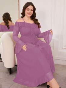 Modelyn Plus Size Women's Off-Shoulder Long Sleeve Flare Waist Ruffled Mesh Elegant Dress
