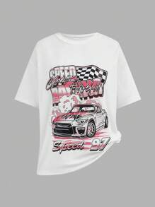 SHEIN Explorewe 6 件套青少年女孩休闲街头风格熊和赛车图案 T 恤 + 短裤 2 件套服装 - 彩色 - 查看 19