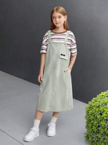 2件套女童条纹插肩袖圆领T恤和字母印花吊带裙套装