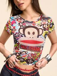 Paul Frank X SHEIN Women's Monkey Print Fitted Round Neck Short Sleeve Top, Summer
