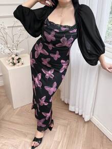 Modelyn 大码优雅灯笼袖衬衫和蝴蝶印花连衣裙两件套，夏季 - 彩色 - 查看 1