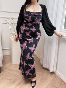 Modelyn 大码优雅灯笼袖衬衫和蝴蝶印花连衣裙两件套，夏季 - 彩色 - 查看 3