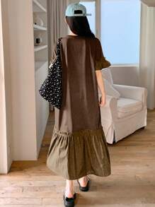 DAZY 女式夏季圆领短袖荷叶边下摆休闲连衣裙，返校服 - 棕色 - 查看 4