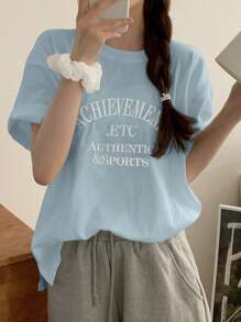 DAZY Women Letter Embroidery Loose Fit Round Neck Short Sleeve T-Shirt