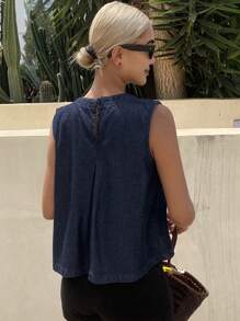 Livesso Top de mezclilla casual sin mangas, con pliegues, ribete de volantes, ajustado, para mujer, de verano