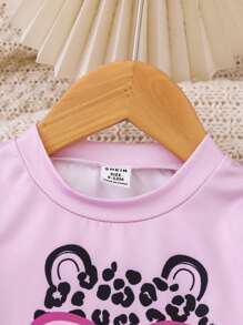 SHEIN Set 2 buc. tricou și pantaloni cu mânecă lungă și imprimeu leopard pentru bebeluși, fetițe, ținută casual confortabilă, potrivită pentru 0-3 ani, pentru toate anotimpurile, performanță excelentă la preț redus - Violet - Vizualizare 4