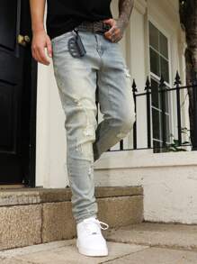 Manfinity Homme Men's Casual Ripped Pocket Street Wear Denim Jeans - Light Wash - View 3