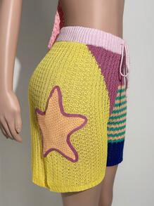 Slaydiva Pantalon court à jambes larges en laine contrastée avec décoration d'étoiles vintage, pour une tenue d'été 2025 casual, de rue et de rendez-vous. Pantalon femme