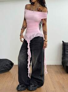Coolane Women's Casual Music Festival Off The Shoulder Mesh Ruffle Asymmetrical Hem Tops - Baby Pink - View 6
