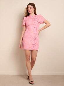 Nöista Vestido mini con estampado floral, decoración de lazo y volantes, y mangas cortas abullonadas para mujer