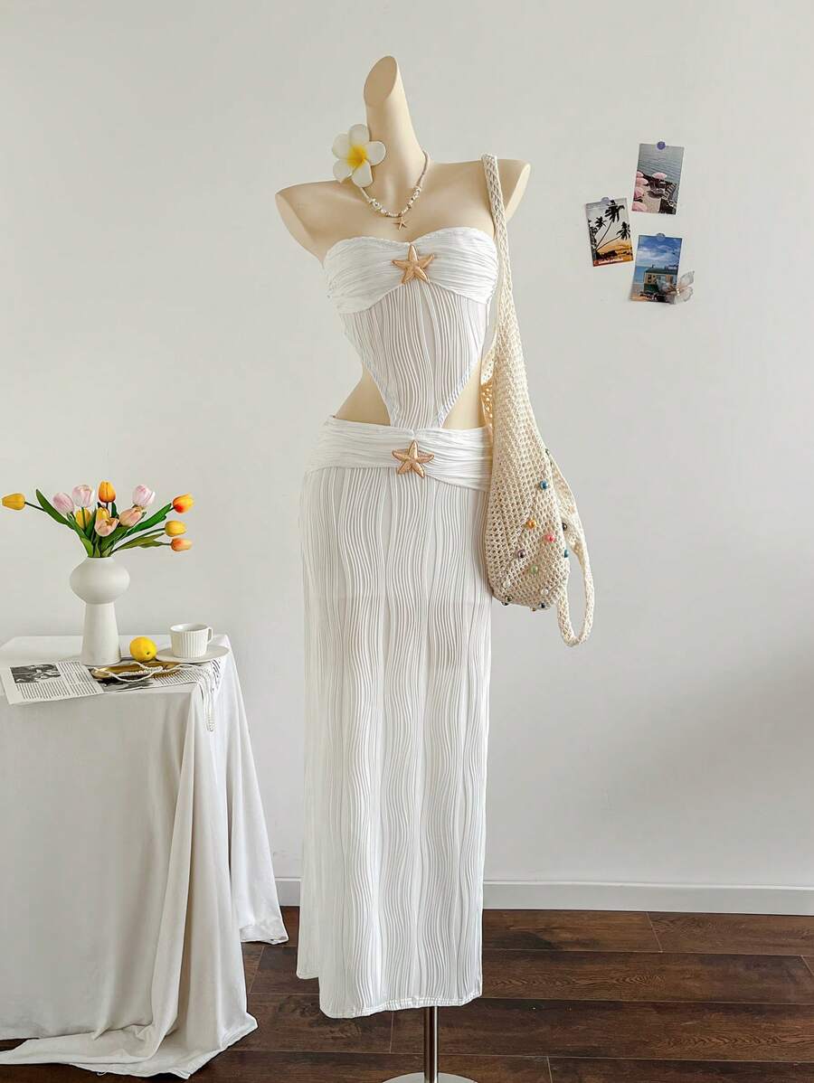 Soleia 女士夏季度假沙滩金属贝壳装饰镂空高腰提花弹力鱼尾连衣裙，白色，适合海滩、音乐节、派对 - 白色 - 查看 1