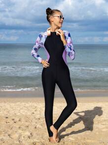 SHEIN Maiô Estampado com Floral Tropical e Zíper na Frente, Manga Raglan, para Adolescentes, Adequado para Mergulho, Surfe, Natação Atlética, Rashguard de Mangas Longas Sólida e Ajustada, Estilo Conservador Adequado para Verão, Praia, Piscina, Férias