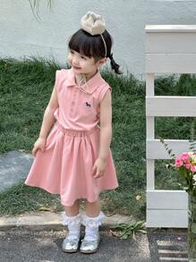 DAZY Ensemble Top sans manches à col polo avec broderie de personnage de dessin animé et jupe casual unie pour tout-petites filles - Rose bonbon - Voir 4
