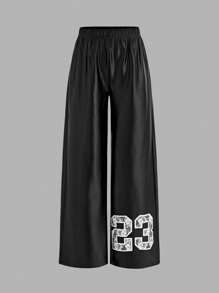 SHEIN Girlism Tween Girls Casual Street Style V-Neck Loose Dropped Shoulder Printed T-Shirt And Wide Leg Pants 2 Pieces Set - Black - View 7