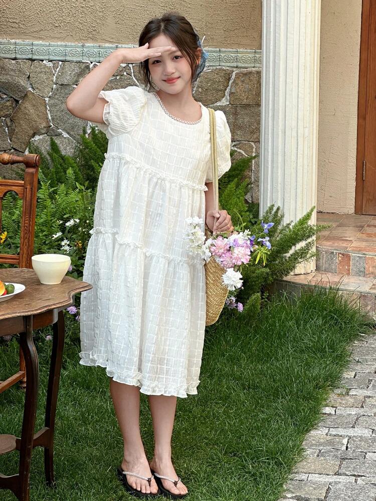 Tween Girls Round Neck Puff Sleeve Casual Dress, Summer,Back To School Clothes