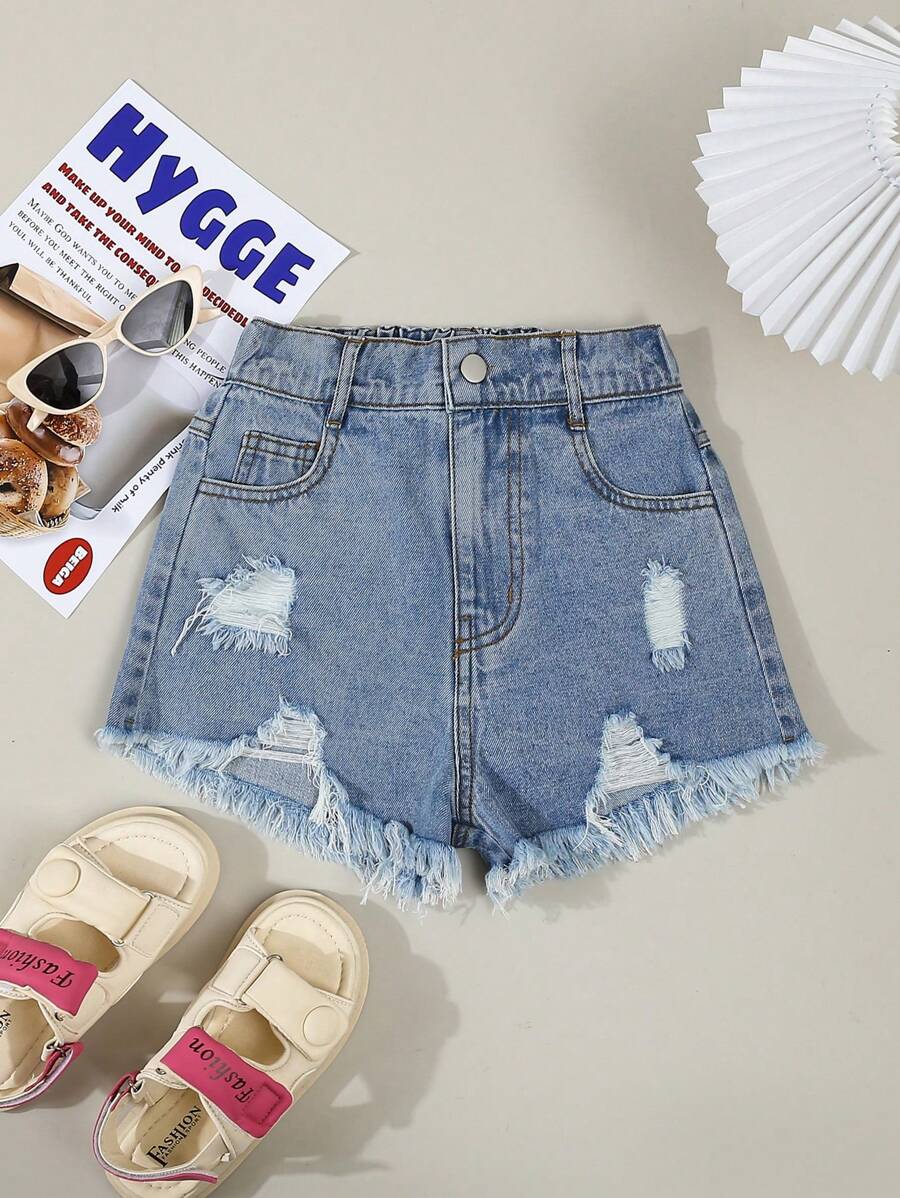 Tween Girl Loose Casual Simple Denim Shorts - Blue - View 1