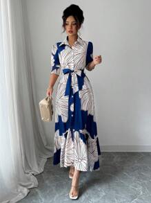 Elenzga 女士优雅花卉 A 字形连衣裙，翻领、收腰、泡泡袖、修身廓形，适合夏季穿着 - 彩色 - 查看 4