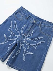 ROMWE MEN Goth Herren Lässig Denim Shorts mit gewaschenem Spinnen-Patch, Halloween