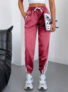 RueChic 95% Cotton Contrast Tape Drawstring Waist Slant Pocket Sweatpants - Pink - View 1