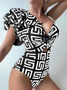 SHEIN Swim Women's Ruffle Sleeve Geometric Print Twist Front One Piece Swimsuit (Random Print) For Summer Beach Vacation