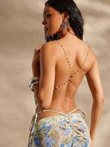 Hauture Women's Floral Print Sexy Chain Decorated Spaghetti Strap Camisole Backless Top, Vacation Style