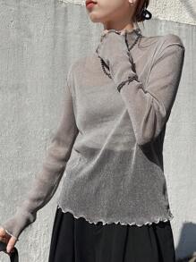 FRIFUL Women's Mesh Turtleneck Sheer Blouse, Layering Top For Autumn Long Sleeve Top