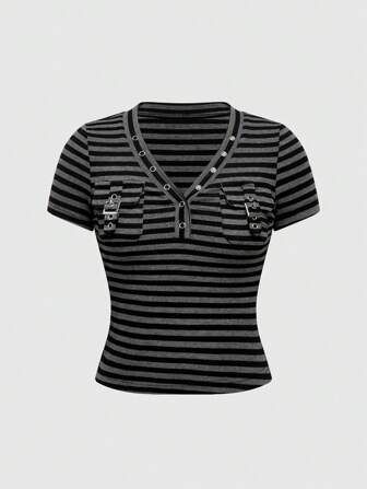 Grunge Punk Camiseta de manga corta con cuello de pico y estampado de rayas, con bolsillo y efecto desteñido, en estilo vintage, para mujer apropiado para el verano, la playa, graduaciones, conciertos, vacaciones en Nashville, etc.