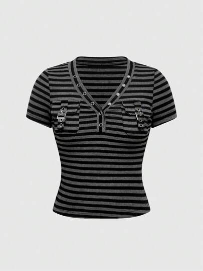 Grunge Punk Summer Beach Graduation Easter Concert Nashville Vacation Vintage Style Distressed Pocket Striped Short Sleeve Knitted Scoop Neck T-Shirt For Women