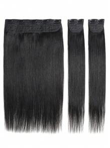 3Pcs Clip In Hair Extensions Real Human Remy Black For Women Silk Straight Double Weft Thick Hair Hairpiece - Natural Black - View 2