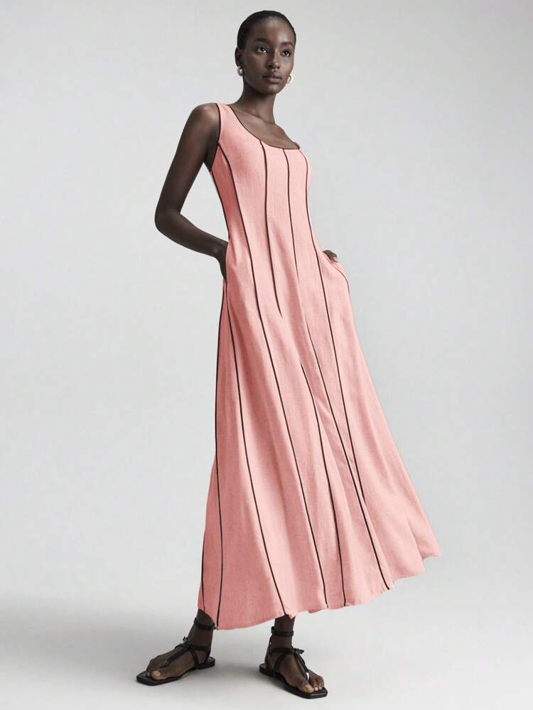 Linen Fabric Colorblock Sleeveless Round Neck Simple Fashion Dress, Casual Vacation Dress, Business Casual Dress For Women, Autumn