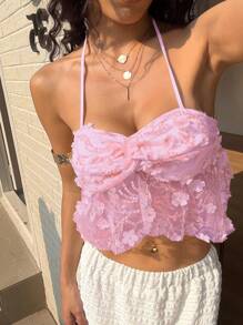 SHEIN SunnyBelle 女式无袖褶饰贴花夏季吊带上衣 - 玫紅色 - 查看 3