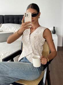 Serisse Áo vest thời trang đơn hàng khuy đơn dệt hoa jacquard dành cho nữ - Màu be - Xem 6