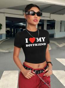 Muchica 休闲简约“我爱我的男朋友”口号图案圆领短袖短款紧身T恤女款夏季