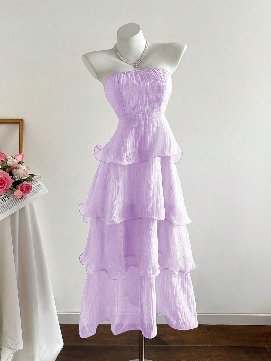 Elamini 纯色性感露背多层连衣裙 - 淡紫色 - 查看 1