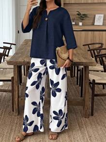 SHEIN LUNE 2pcs Women Vacation Solid V-Neck 3/4 Sleeve Shirt & Floral Print Pants Casual Set