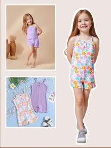 2pcs/Set Young Girls Floral Print Colorful Jumpsuit, Comfortable Home Outfit, Cute Design - Multicolor - View 3