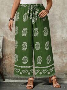 Breezaya Pantalones de vacaciones de estilo bohemio con estampado total, cinturón y piernas anchas, para mujeres de talla grande, pantalones de verano - Verde - Ver 1