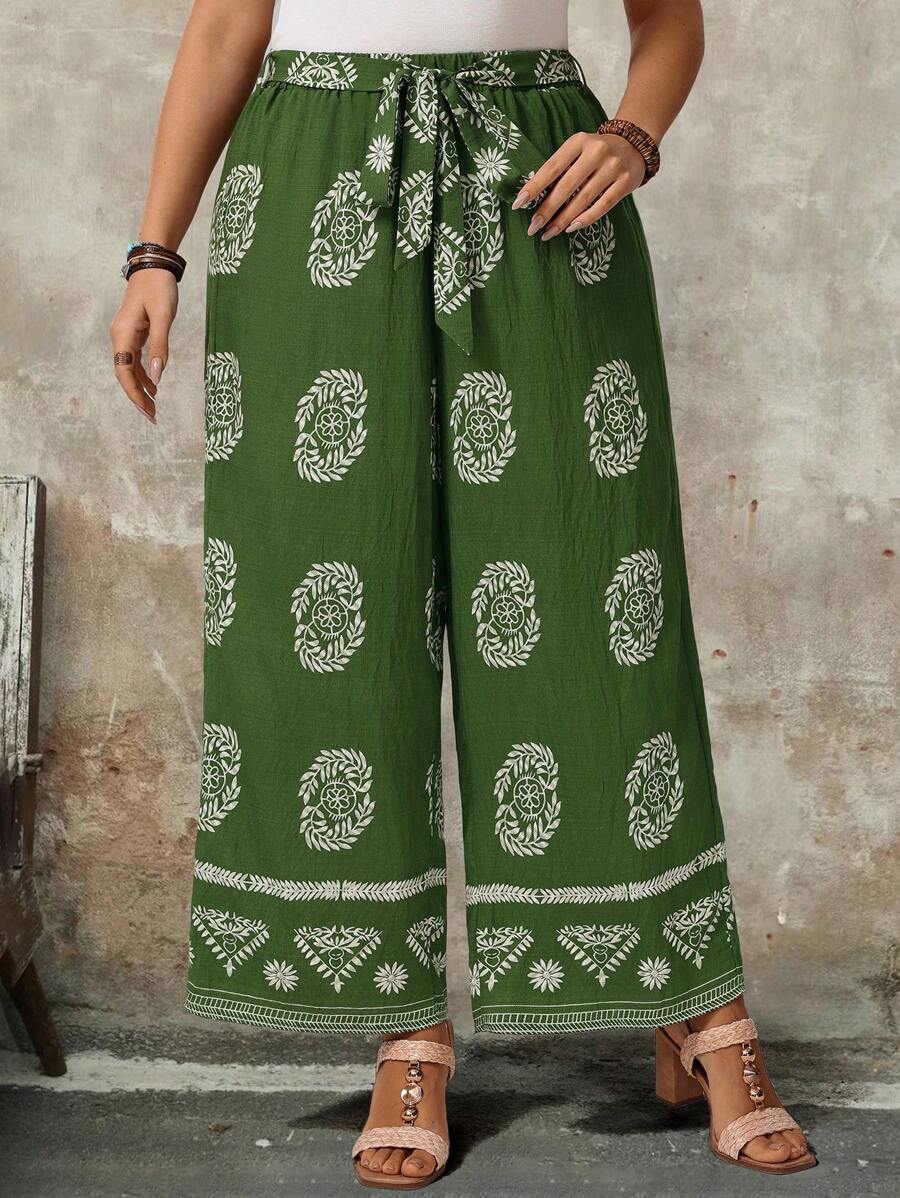 Breezaya Pantalones de vacaciones de estilo bohemio con estampado total, cinturón y piernas anchas, para mujeres de talla grande, pantalones de verano - Verde - Ver 1